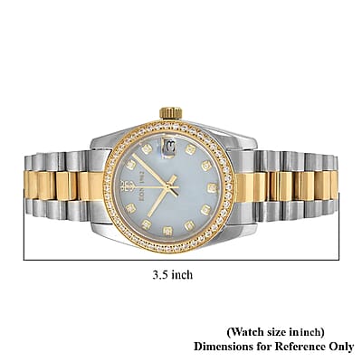 Eon 1962 Made with Finest CZ Swiss Movement MOP Dial Watch in ION Plated YG and Stainless Steel with Ear Fork and Screwdriver(31 mm) 1.85 ctw