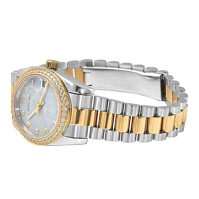 Eon 1962 Made with Finest CZ Swiss Movement MOP Dial Watch in ION Plated YG and Stainless Steel with Ear Fork and Screwdriver(31 mm) 1.85 ctw