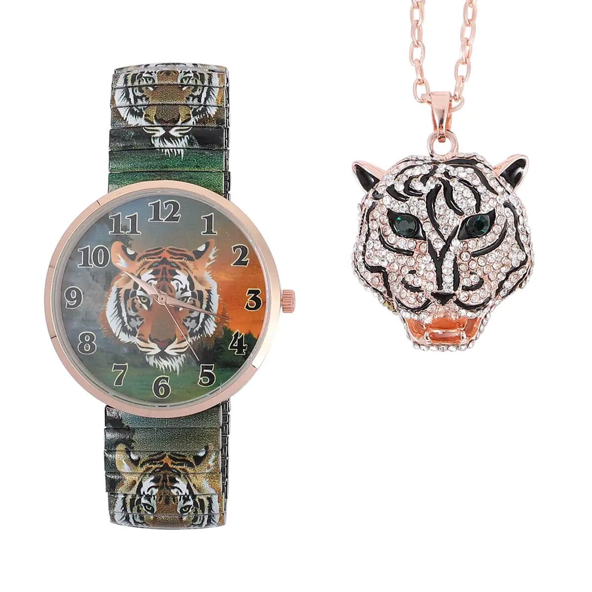 STRADA Green & White Austrian Crystal, Enameled Japanese Movement Tiger Head Pattern Stretch Watch in Stainless Steel and Tiger Head Pendant Necklace (24 Inches) in Rosetone image number 0