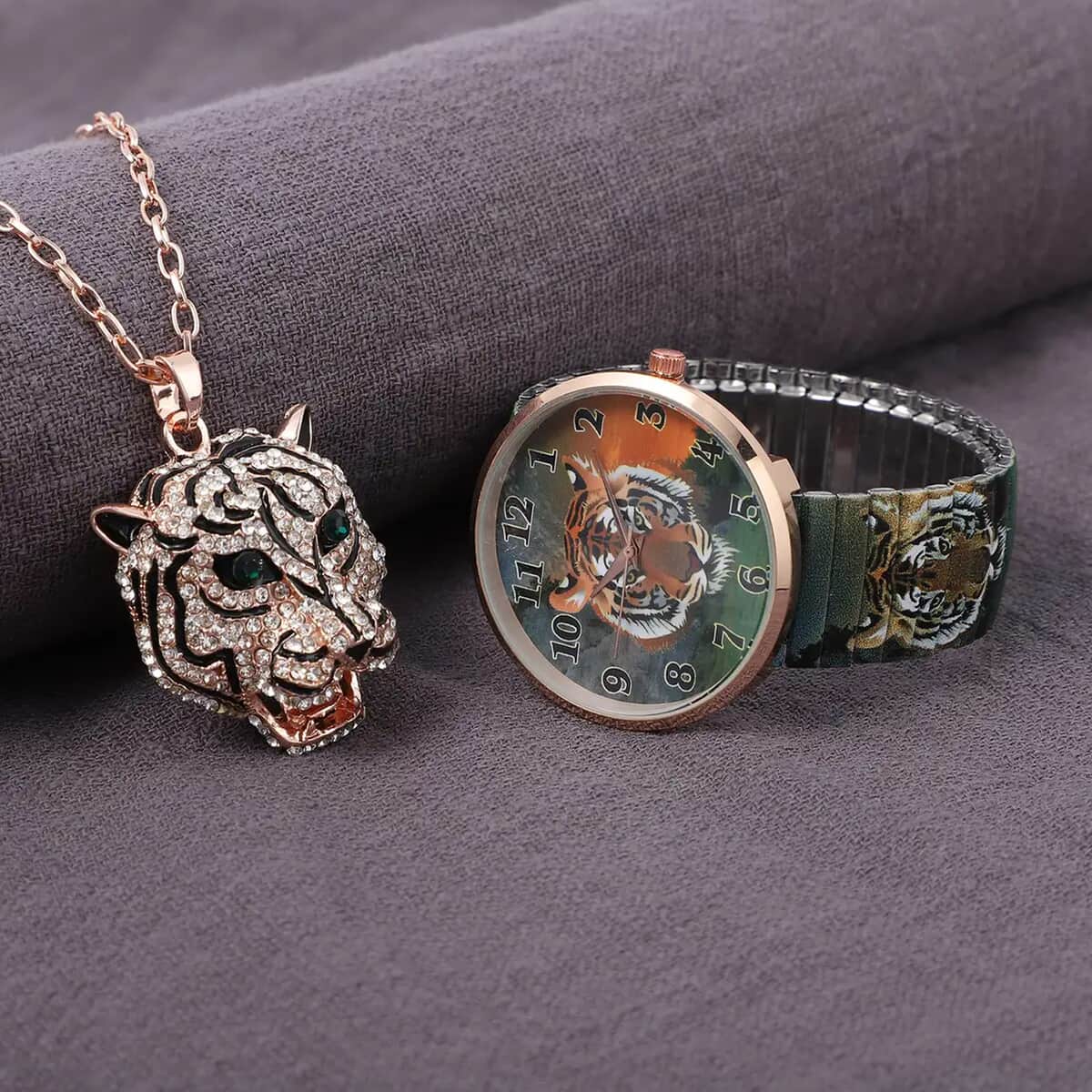 STRADA Green & White Austrian Crystal, Enameled Japanese Movement Tiger Head Pattern Stretch Watch in Stainless Steel and Tiger Head Pendant Necklace (24 Inches) in Rosetone image number 1