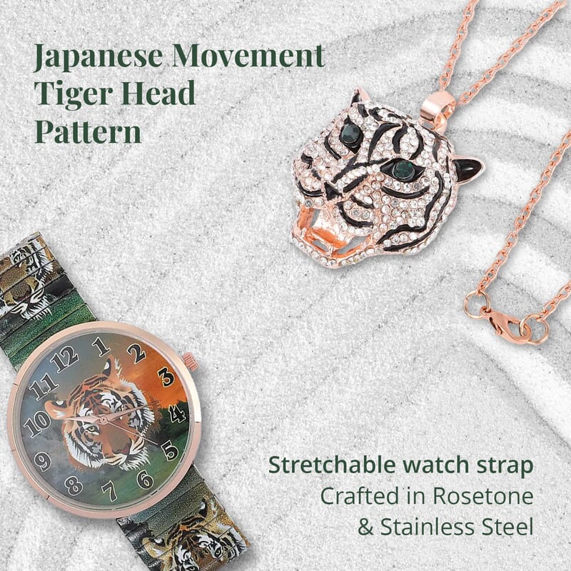 Strada Japanese Movement Tiger Head Pattern Watch in Steel Stretch Strap with Green & White Austrian Crystal, Enameled Tiger Head Pendant Necklace 24 Inches in Rosetone