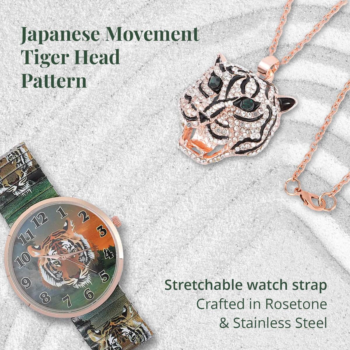 Strada Green & White Austrian Crystal, Enameled Japanese Movement Tiger Head Pattern Stretch Watch and Tiger Head Pendant Necklace 24In in Rosetone image number 3