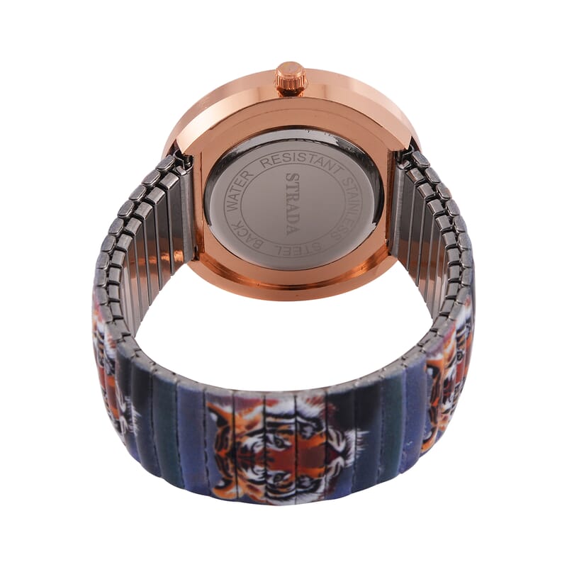 Strada Japanese Movement Tiger Head Pattern Watch in Steel Stretch Strap with Green & White Austrian Crystal, Enameled Tiger Head Pendant Necklace 24 Inches in Rosetone