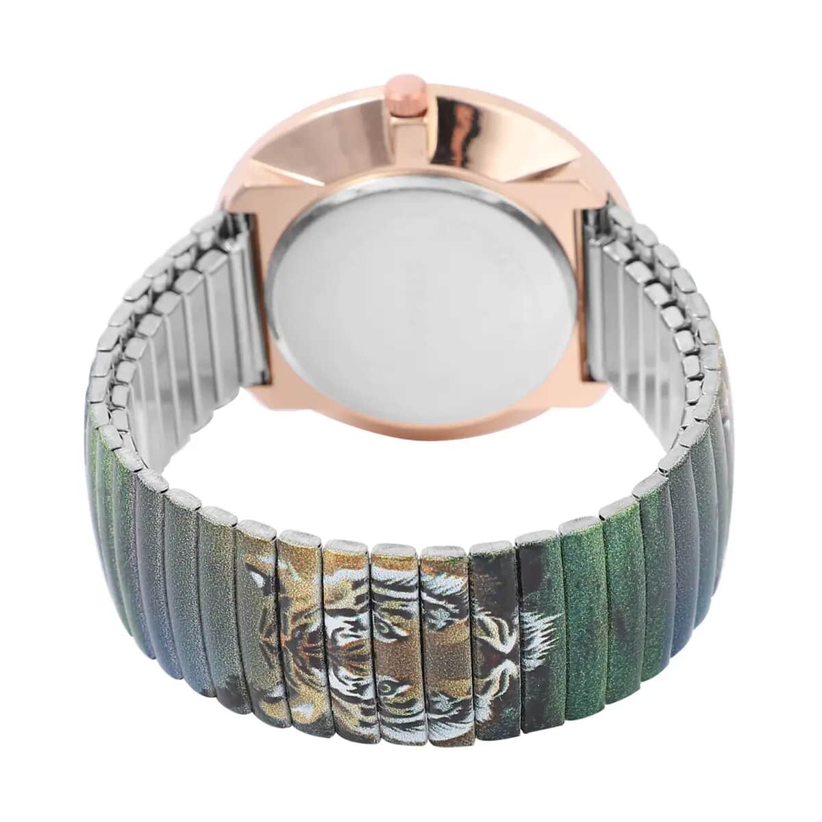 STRADA Green & White Austrian Crystal, Enameled Japanese Movement Tiger Head Pattern Stretch Watch in Stainless Steel and Tiger Head Pendant Necklace (24 Inches) in Rosetone image number 5