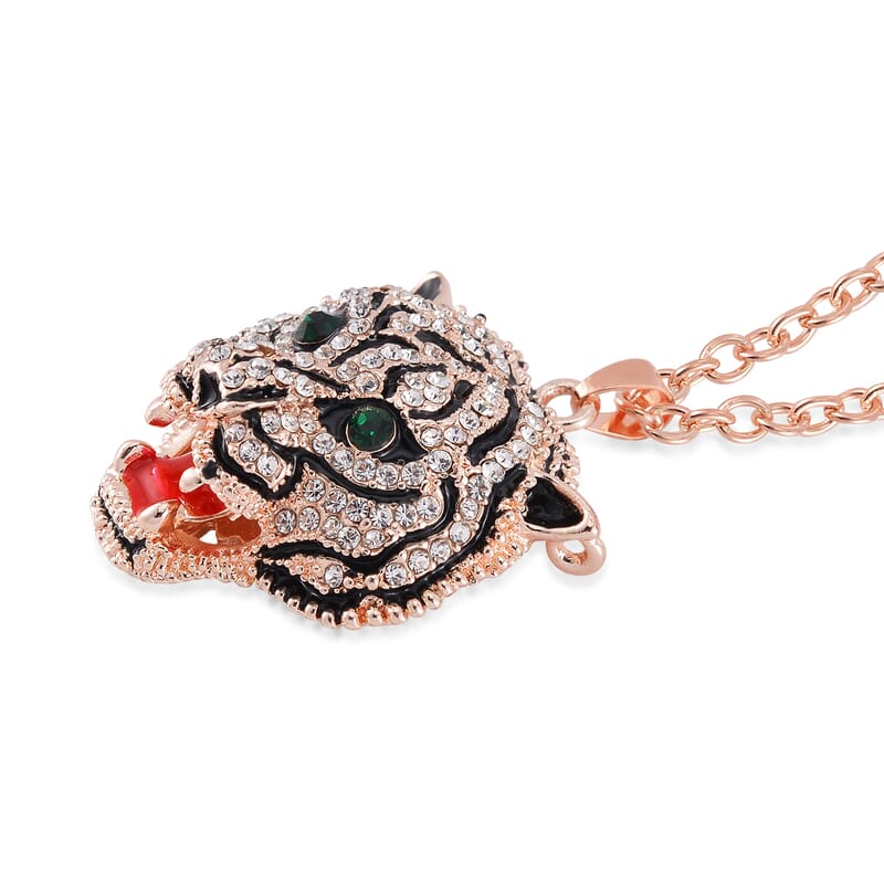 Strada Japanese Movement Tiger Head Pattern Watch in Steel Stretch Strap with Green & White Austrian Crystal, Enameled Tiger Head Pendant Necklace 24 Inches in Rosetone