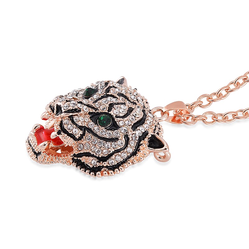 Strada Japanese Movement Tiger Head Pattern Watch in Steel Stretch Strap with Green & White Austrian Crystal, Enameled Tiger Head Pendant Necklace 24 Inches in Rosetone