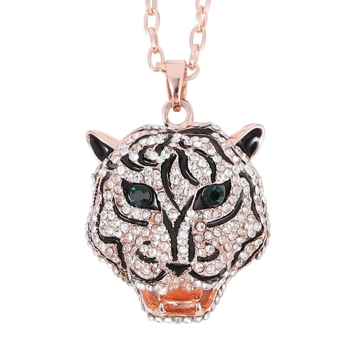 Strada Green & White Austrian Crystal, Enameled Japanese Movement Tiger Head Pattern Stretch Watch and Tiger Head Pendant Necklace 24In in Rosetone image number 6