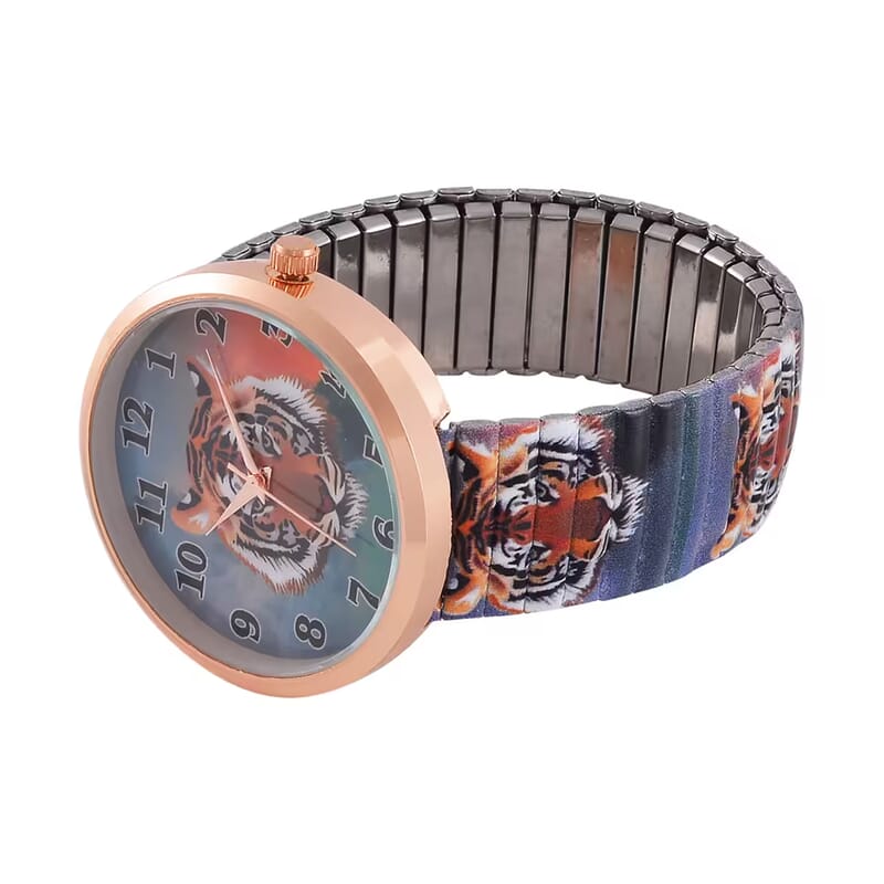 Strada Japanese Movement Tiger Head Pattern Watch in Steel Stretch Strap with Green & White Austrian Crystal, Enameled Tiger Head Pendant Necklace 24 Inches in Rosetone