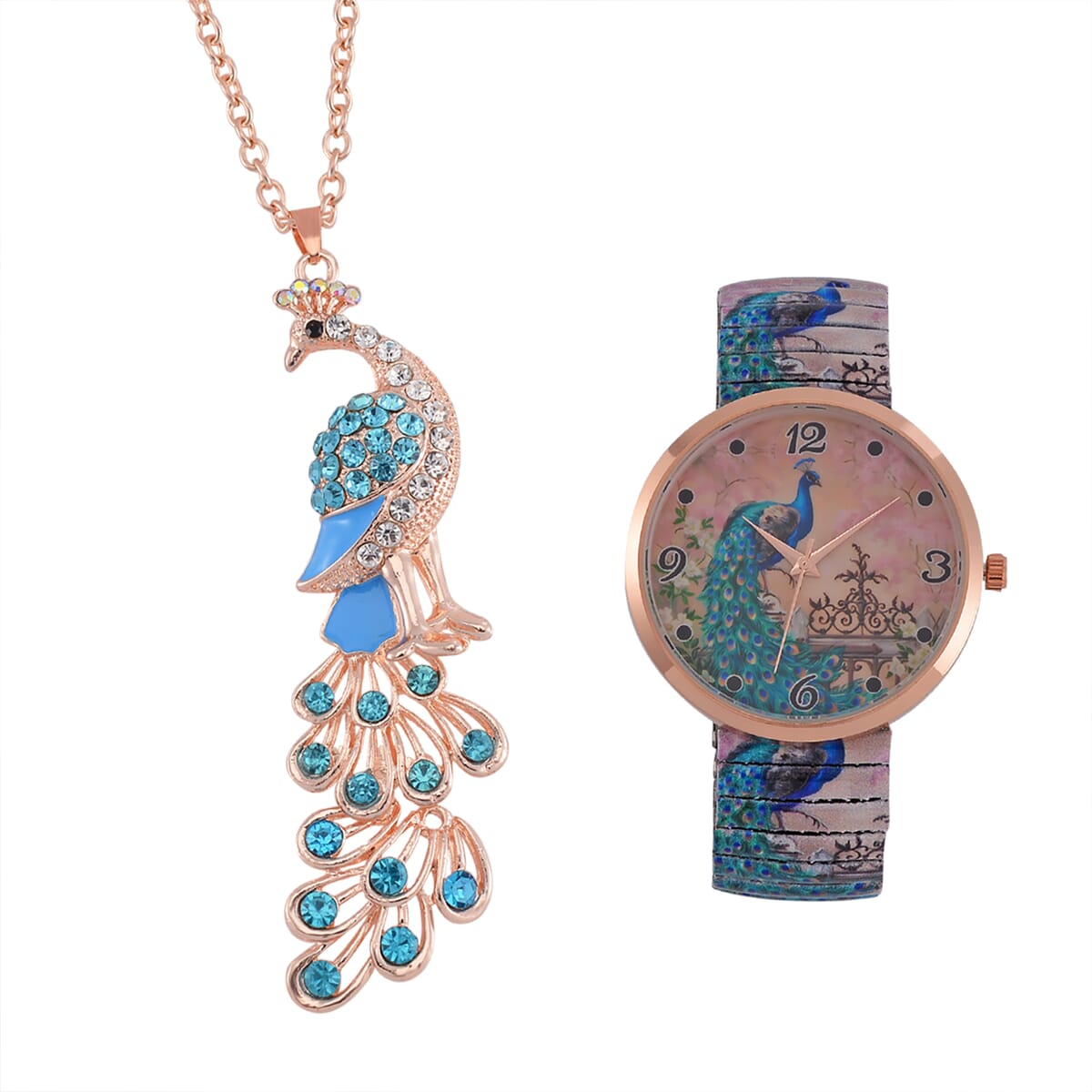 Strada Japanese Movement Peacock Pattern Watch in Steel Stretch Strap with Multi Color Austrian Crystal, Enameled Peacock Pendant Necklace 24 Inches in Rosetone image number 0