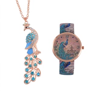 Strada Japanese Movement Peacock Pattern Watch in Steel Stretch Strap with Multi Color Austrian Crystal, Enameled Peacock Pendant Necklace 24 Inches in Rosetone