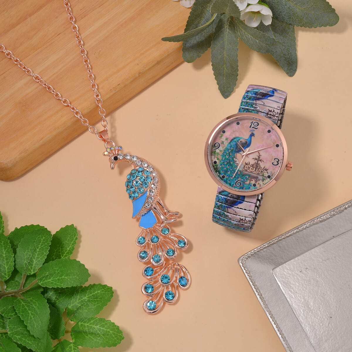 Strada Japanese Movement Peacock Pattern Watch in Steel Stretch Strap with Multi Color Austrian Crystal, Enameled Peacock Pendant Necklace 24 Inches in Rosetone image number 1