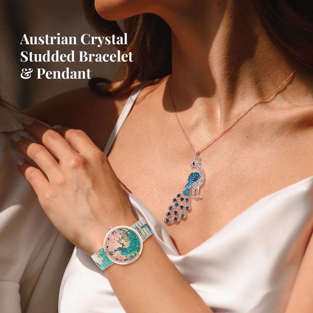 Strada Japanese Movement Peacock Pattern Watch in Steel Stretch Strap with Multi Color Austrian Crystal, Enameled Peacock Pendant Necklace 24 Inches in Rosetone image number 2