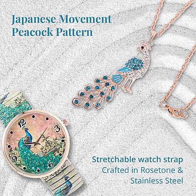 Strada Japanese Movement Peacock Pattern Watch in Steel Stretch Strap with Multi Color Austrian Crystal, Enameled Peacock Pendant Necklace 24 Inches in Rosetone