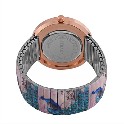Strada Japanese Movement Peacock Pattern Watch in Steel Stretch Strap with Multi Color Austrian Crystal, Enameled Peacock Pendant Necklace 24 Inches in Rosetone