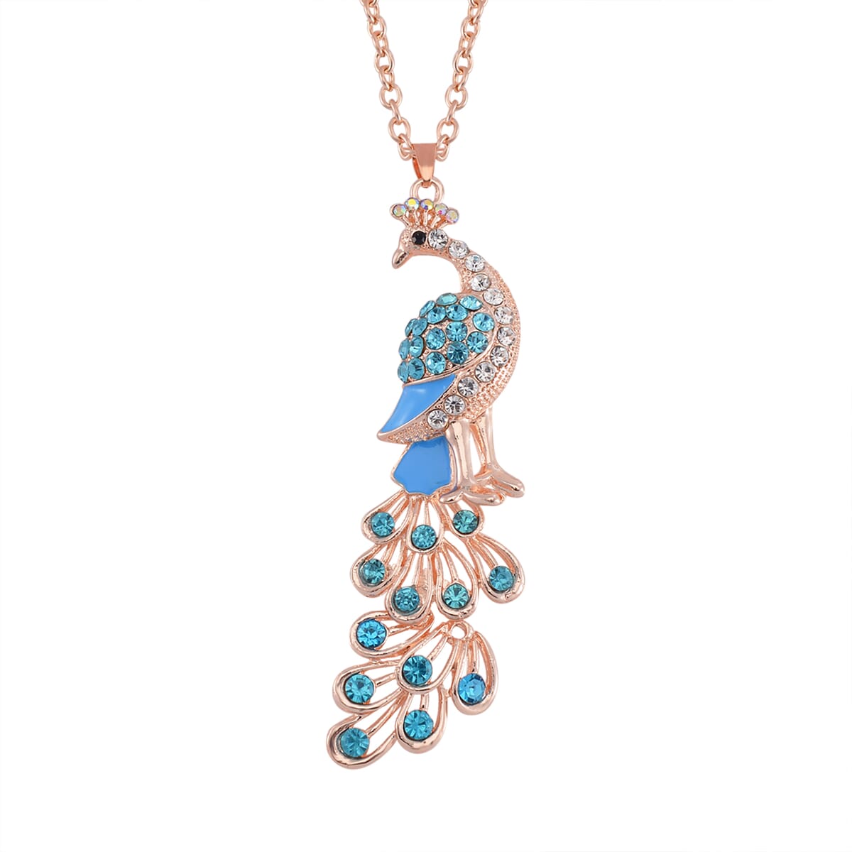 Strada Japanese Movement Peacock Pattern Watch in Steel Stretch Strap with Multi Color Austrian Crystal, Enameled Peacock Pendant Necklace 24 Inches in Rosetone image number 5