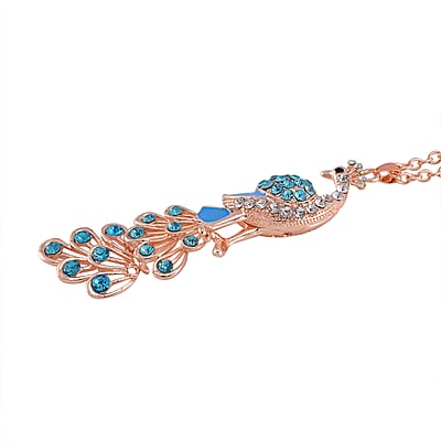 Strada Japanese Movement Peacock Pattern Watch in Steel Stretch Strap with Multi Color Austrian Crystal, Enameled Peacock Pendant Necklace 24 Inches in Rosetone