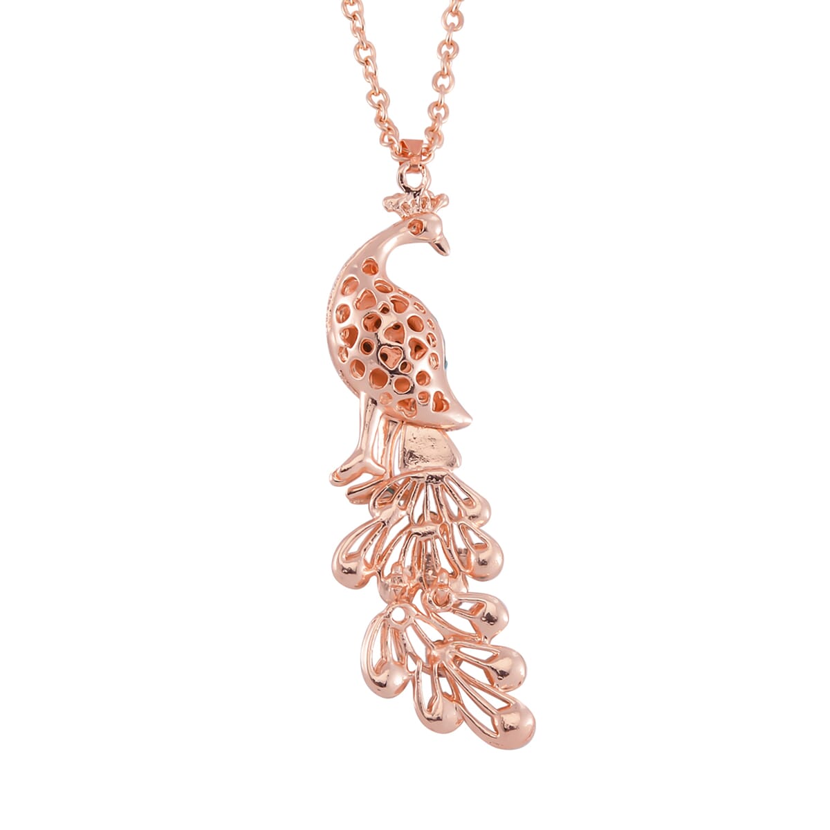Strada Japanese Movement Peacock Pattern Watch in Steel Stretch Strap with Multi Color Austrian Crystal, Enameled Peacock Pendant Necklace 24 Inches in Rosetone image number 7
