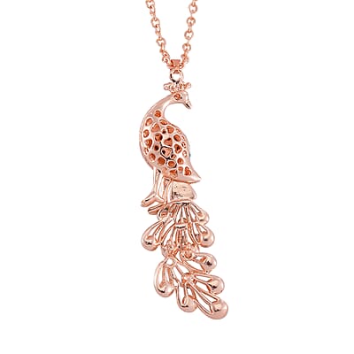 Strada Japanese Movement Peacock Pattern Watch in Steel Stretch Strap with Multi Color Austrian Crystal, Enameled Peacock Pendant Necklace 24 Inches in Rosetone