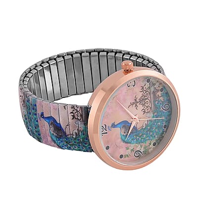 Strada Japanese Movement Peacock Pattern Watch in Steel Stretch Strap with Multi Color Austrian Crystal, Enameled Peacock Pendant Necklace 24 Inches in Rosetone