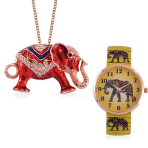 Strada Japanese Movement Elephant Pattern Watch in Steel Stretch Strap with Lab Created Cat's Eye, Austrian Crystal, Enameled Elephant Pendant Necklace 24 Inches in Rosetone