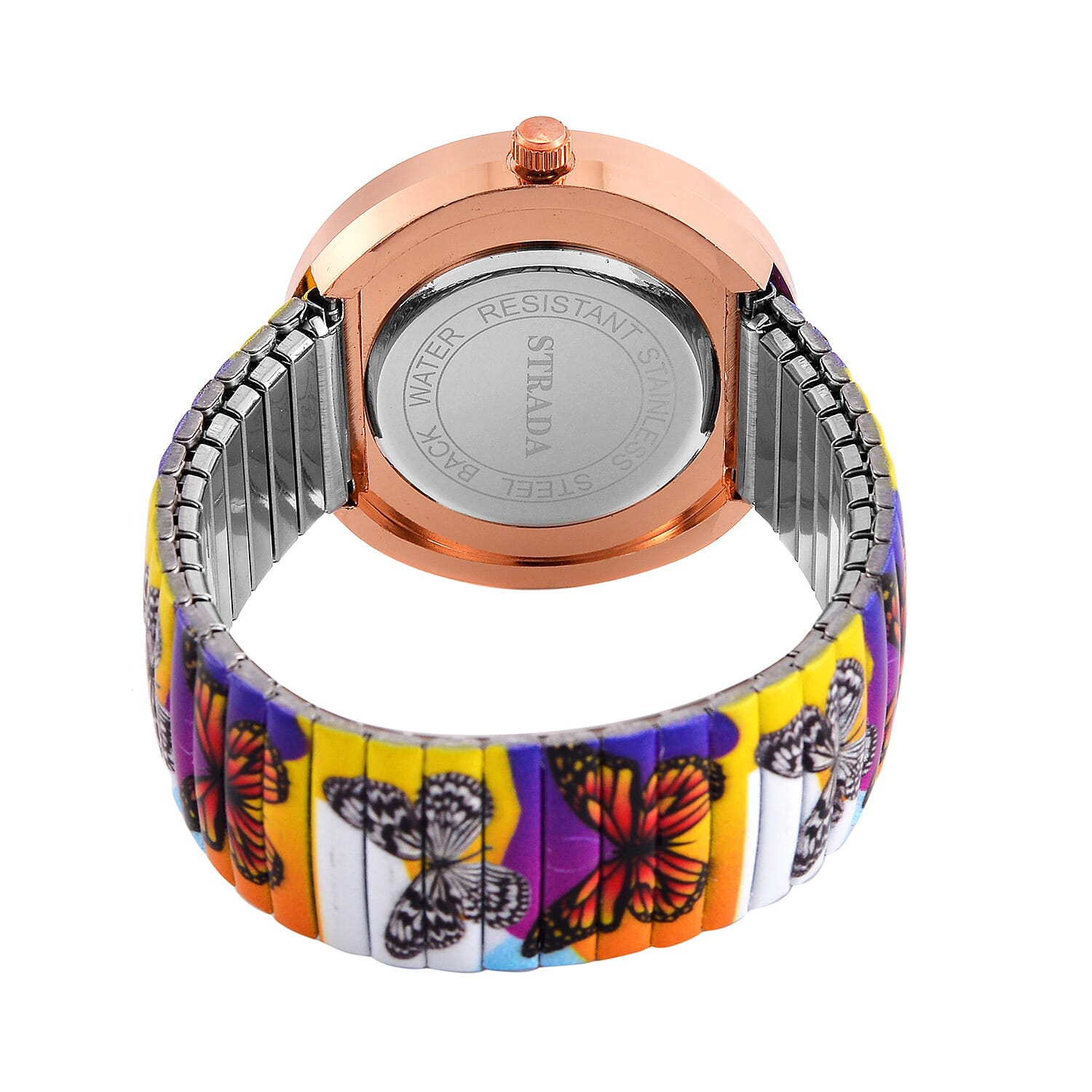 Strada Japanese Movement Butterfly Pattern Watch in Steel Stretch Strap with Glass, White & Aurora Borealis Austrian Crystal Butterfly Pendant Necklace 24 Inches in Rosetone