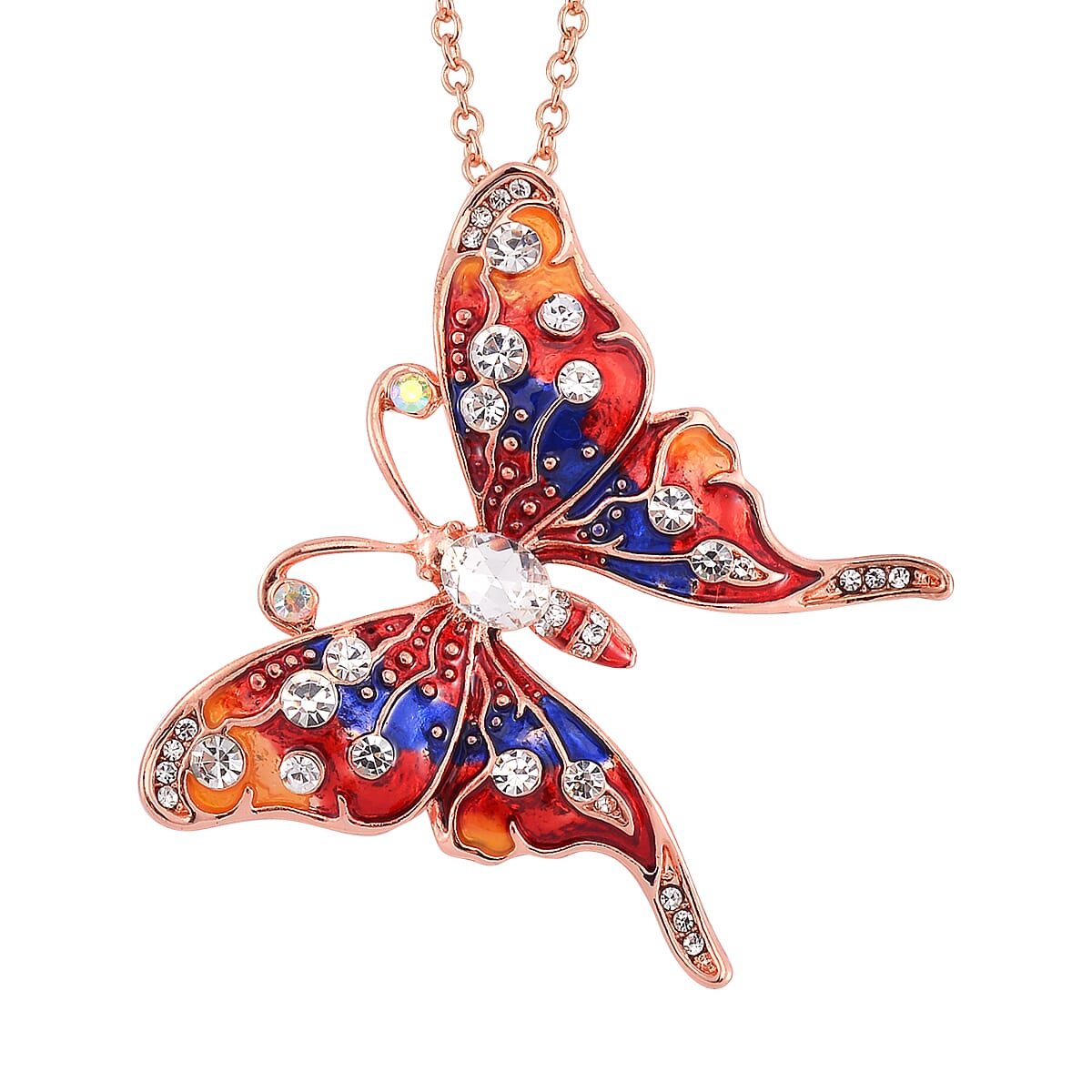 Strada Japanese Movement Butterfly Pattern Watch in Steel Stretch Strap with Glass, White & Aurora Borealis Austrian Crystal Butterfly Pendant Necklace 24 Inches in Rosetone