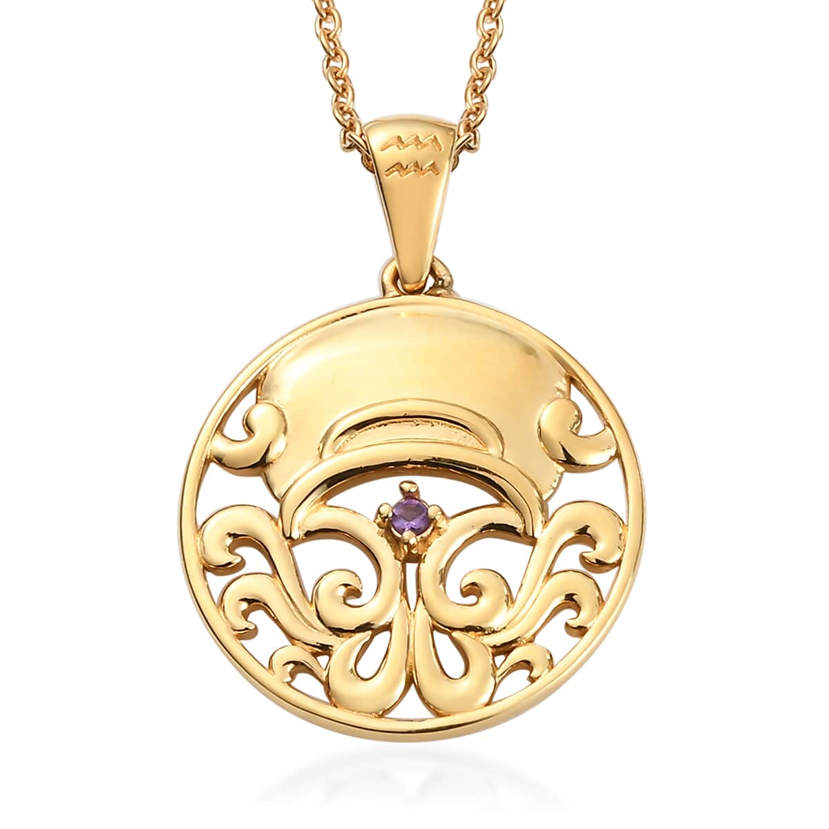 KARIS Amethyst Aquarius Zodiac Pendant Necklace 20 Inches in 18K YG Plated and ION Plated Yellow Gold Stainless Steel image number 0