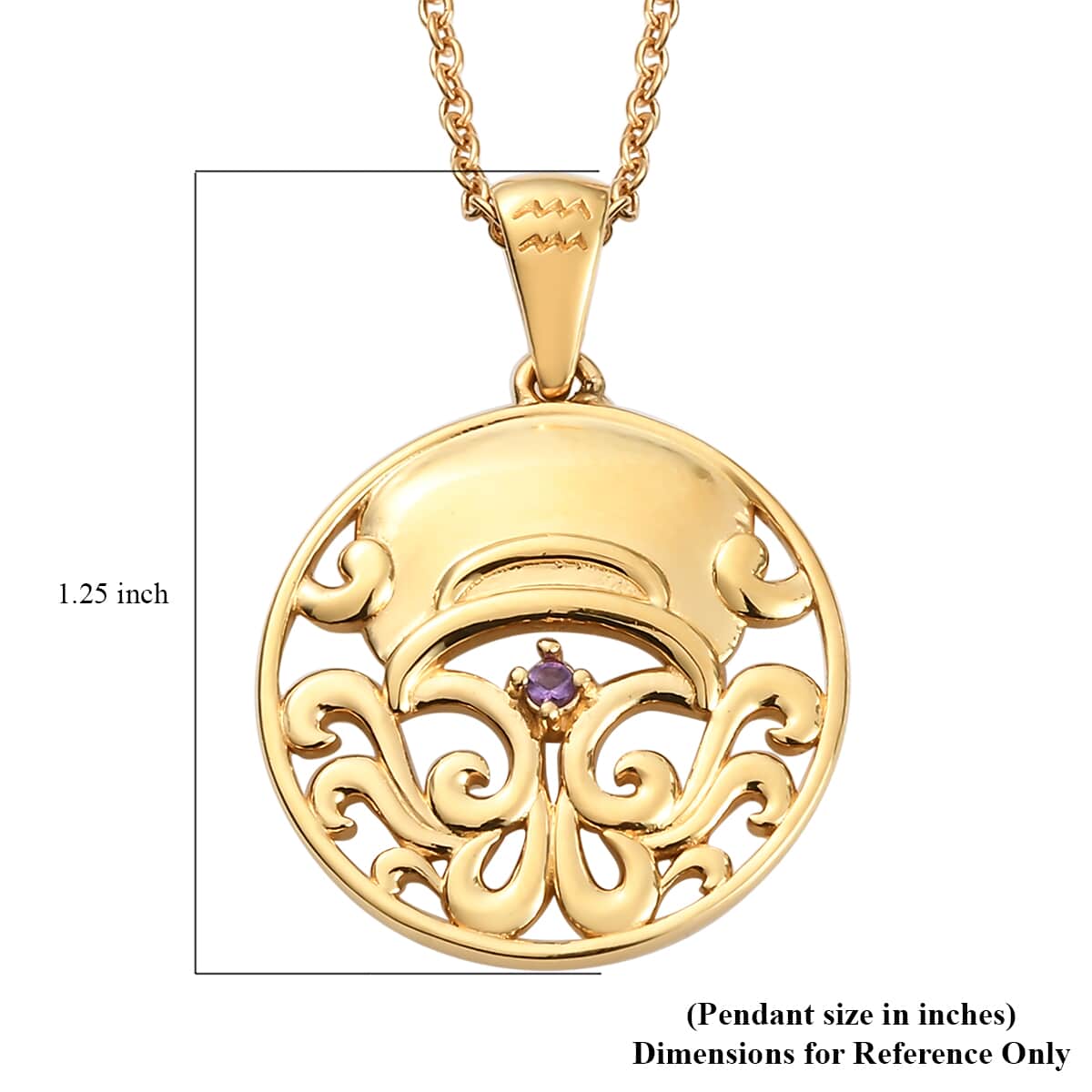 KARIS Amethyst Aquarius Zodiac Pendant Necklace 20 Inches in 18K YG Plated and ION Plated Yellow Gold Stainless Steel image number 5