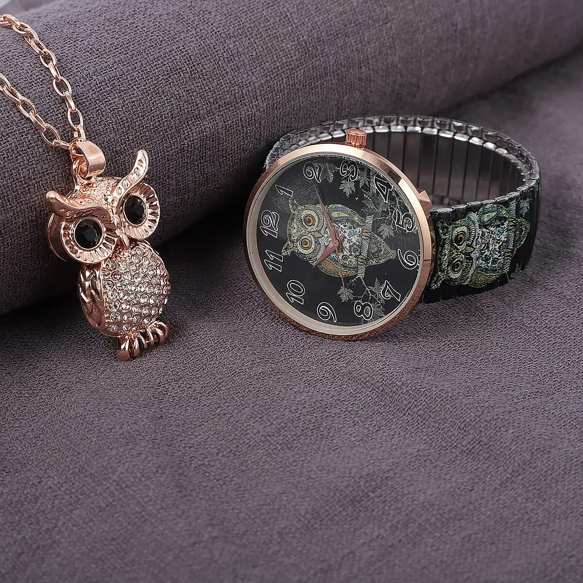 Strada White & Black Austrian Crystal Japanese Movement Owl Pattern Stretch Watch in Stainless Steel and Owl Pendant Necklace (24 Inches) in Rosetone image number 1