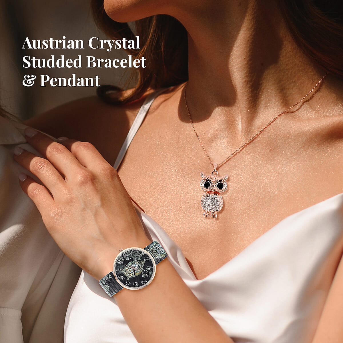 Strada White & Black Austrian Crystal Japanese Movement Owl Pattern Stretch Watch in Stainless Steel and Owl Pendant Necklace (24 Inches) in Rosetone image number 2