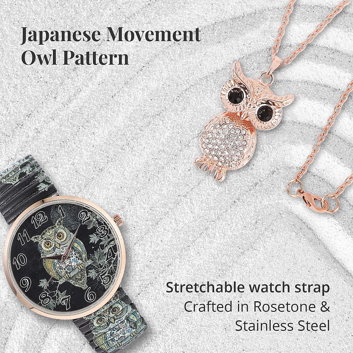 Strada White & Black Austrian Crystal Japanese Movement Owl Pattern Stretch Watch in Stainless Steel and Owl Pendant Necklace (24 Inches) in Rosetone image number 3