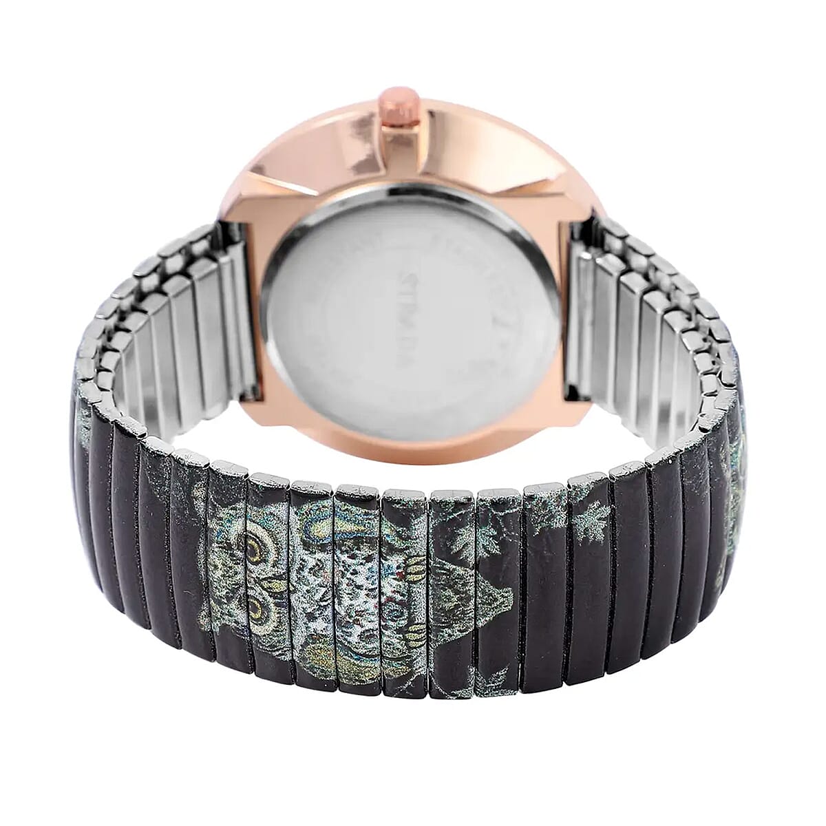 Strada White & Black Austrian Crystal Japanese Movement Owl Pattern Stretch Watch in Stainless Steel and Owl Pendant Necklace (24 Inches) in Rosetone image number 5