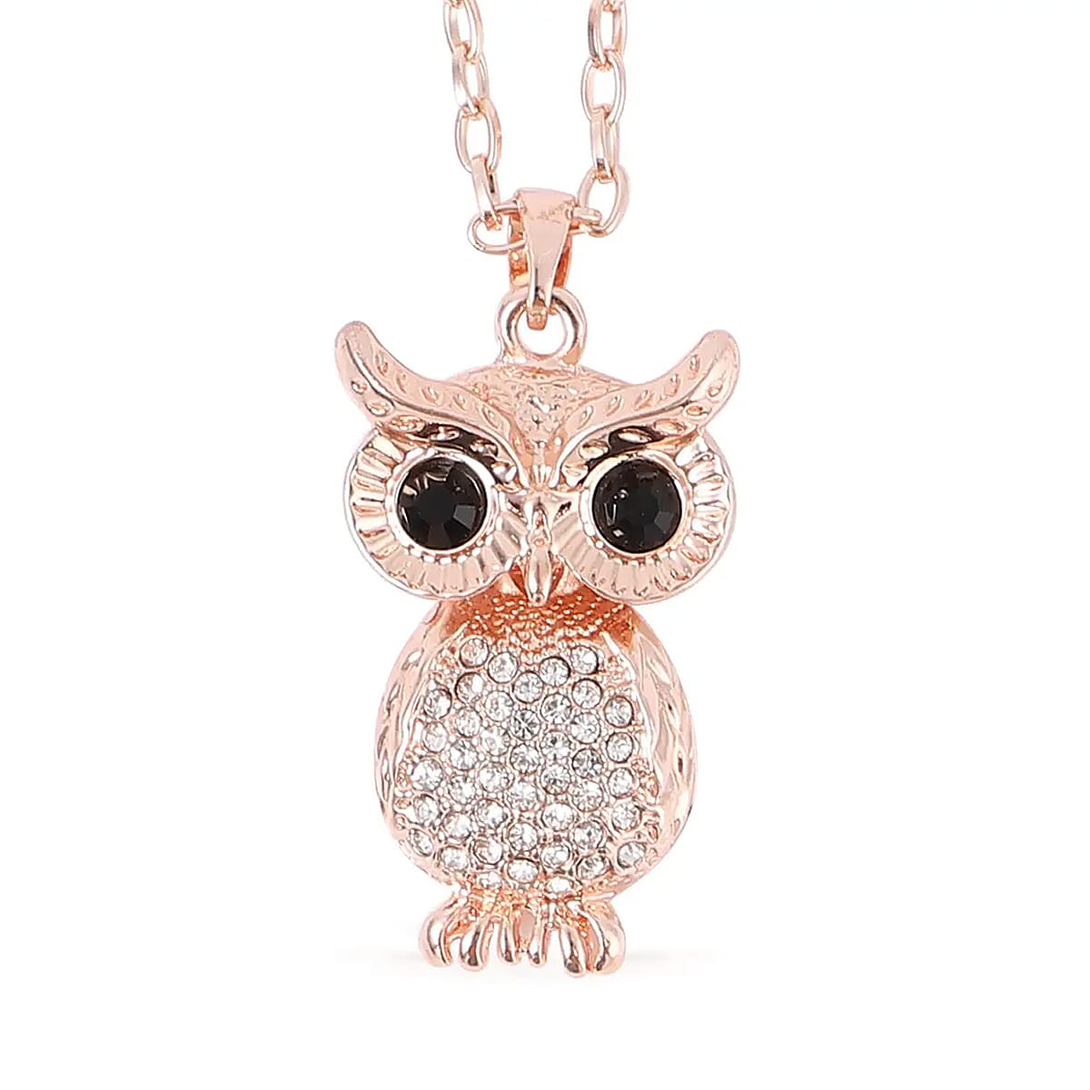 Strada White & Black Austrian Crystal Japanese Movement Owl Pattern Stretch Watch in Stainless Steel and Owl Pendant Necklace (24 Inches) in Rosetone image number 6