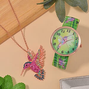 Strada Japanese Movement Hummingbird Pattern Watch in Steel Stretch Strap with Multi Color Austrian Crystal Hummingbird Pendant Necklace 24 Inches in Rosetone