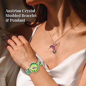Strada Japanese Movement Hummingbird Pattern Watch in Steel Stretch Strap with Multi Color Austrian Crystal Hummingbird Pendant Necklace 24 Inches in Rosetone