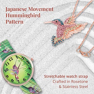 Strada Japanese Movement Hummingbird Pattern Watch in Steel Stretch Strap with Multi Color Austrian Crystal Hummingbird Pendant Necklace 24 Inches in Rosetone