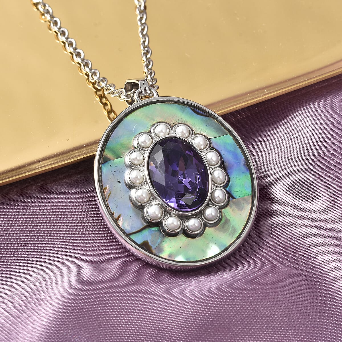 Simulated Purple Diamond and Multi Gemstone Statement Pendant Necklace 20 Inches in Stainless Steel 1.75 ctw image number 1