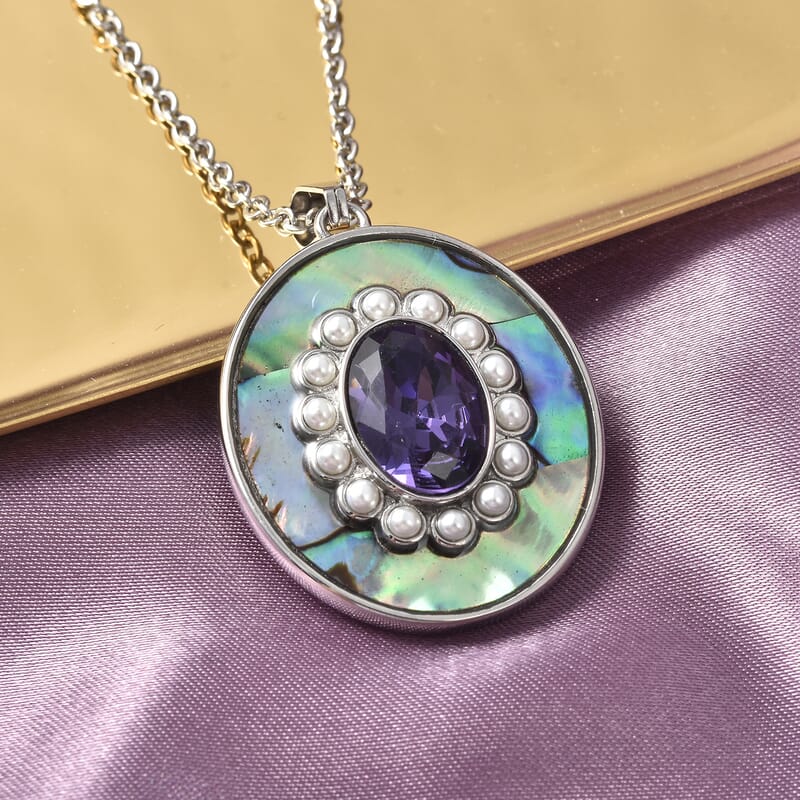 Simulated Purple Diamond and Multi Gemstone Statement Pendant Necklace 20 Inches in Stainless Steel 1.75 ctw