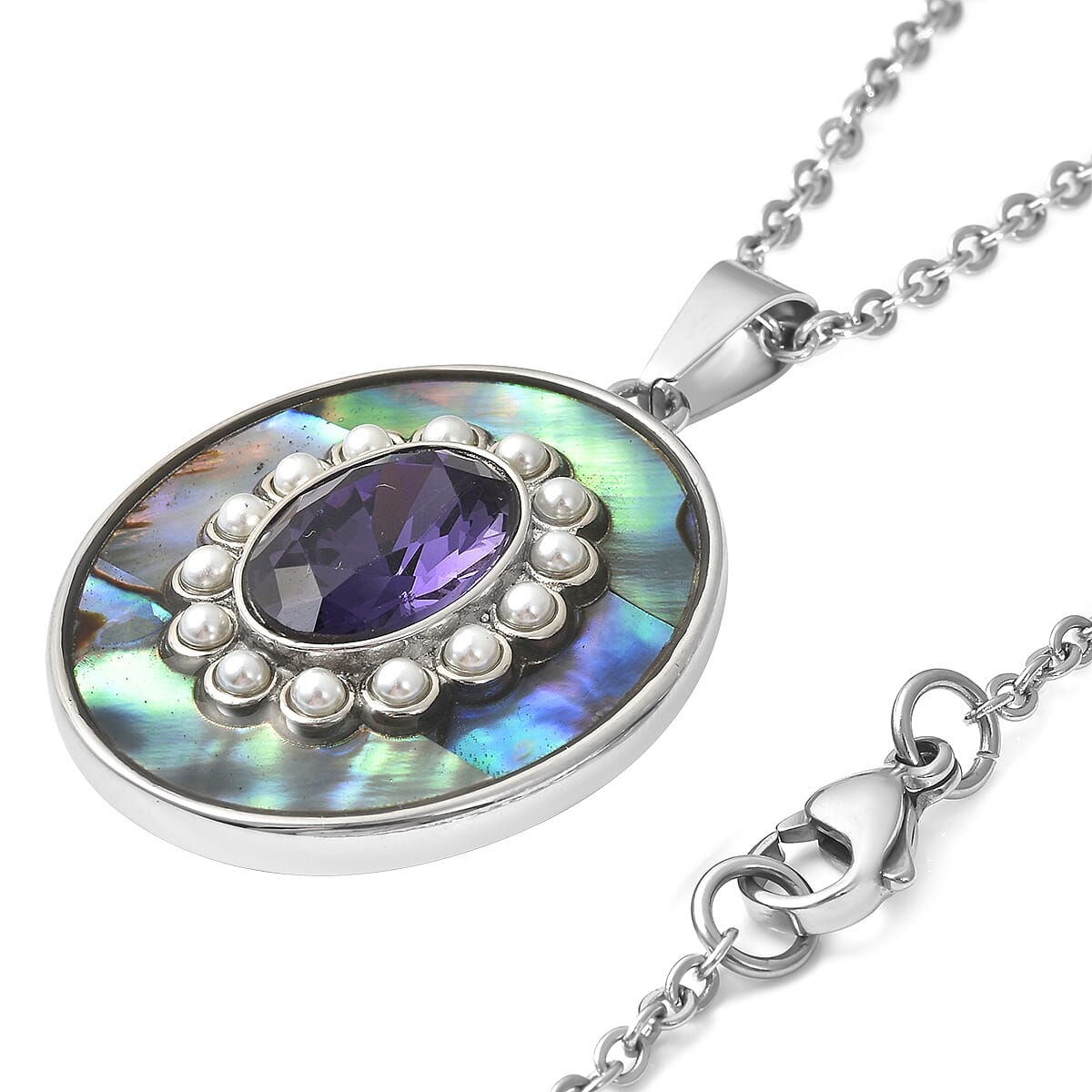 Simulated Purple Diamond and Multi Gemstone Statement Pendant Necklace 20 Inches in Stainless Steel 1.75 ctw image number 3