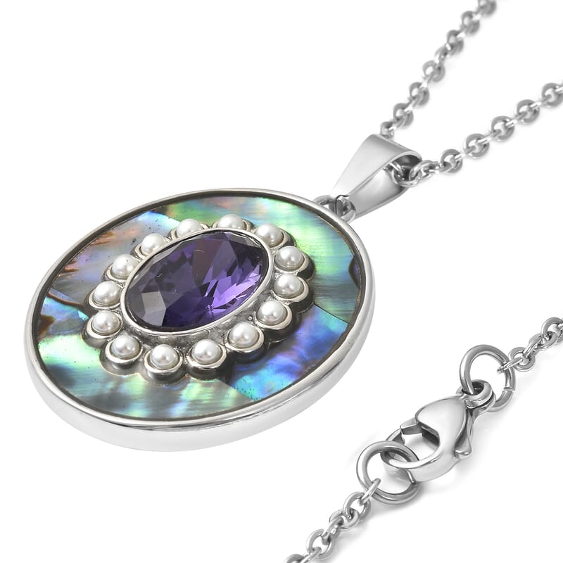Simulated Purple Diamond and Multi Gemstone Statement Pendant Necklace 20 Inches in Stainless Steel 1.75 ctw