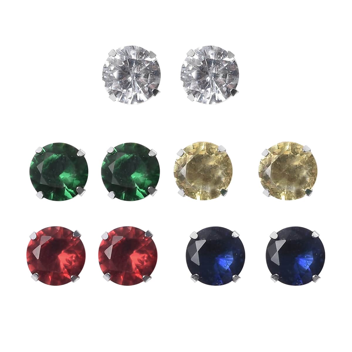 Set of 5 Simulated Multi Color Diamond Solitaire Stud Earrings in Stainless Steel 5.00 ctw image number 0