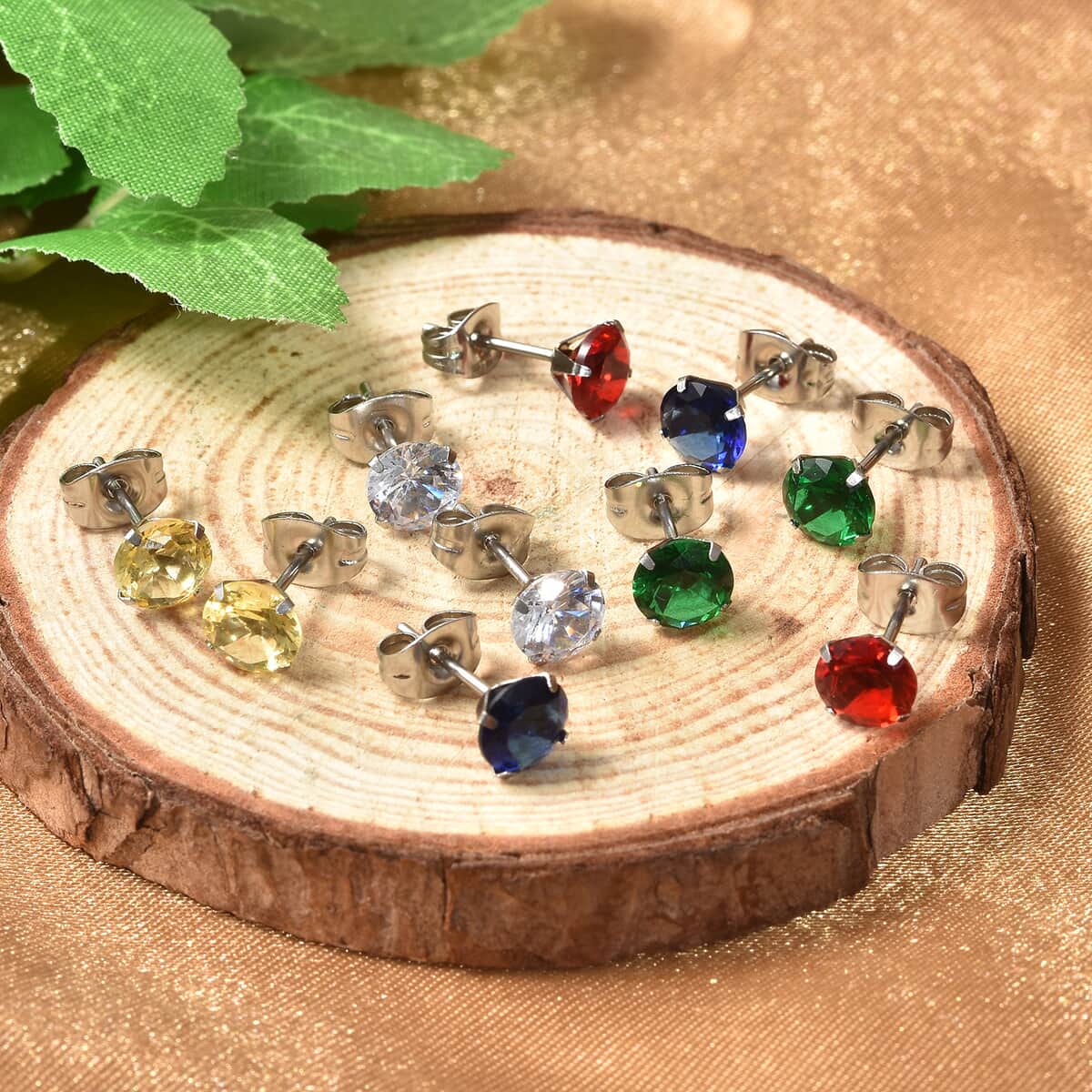 Set of 5 Simulated Multi Color Diamond Solitaire Stud Earrings in Stainless Steel 5.00 ctw image number 1