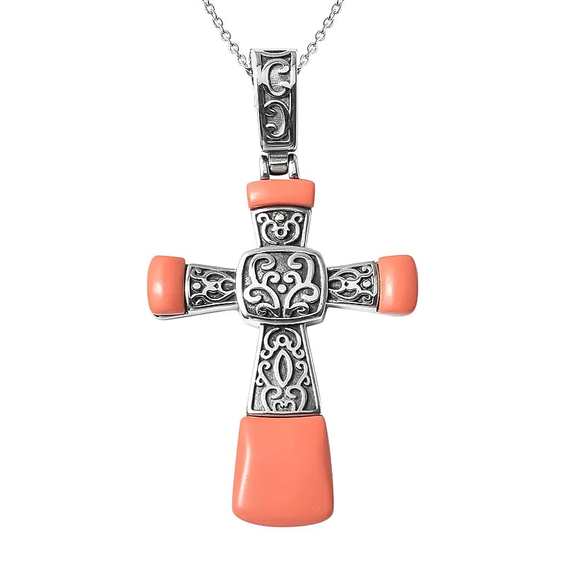 Coral Cross Pendant Necklace 20 Inches in Stainless Steel