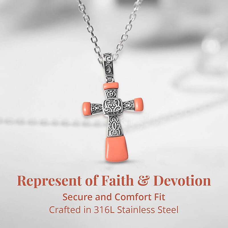 Coral Cross Pendant Necklace 20 Inches in Stainless Steel