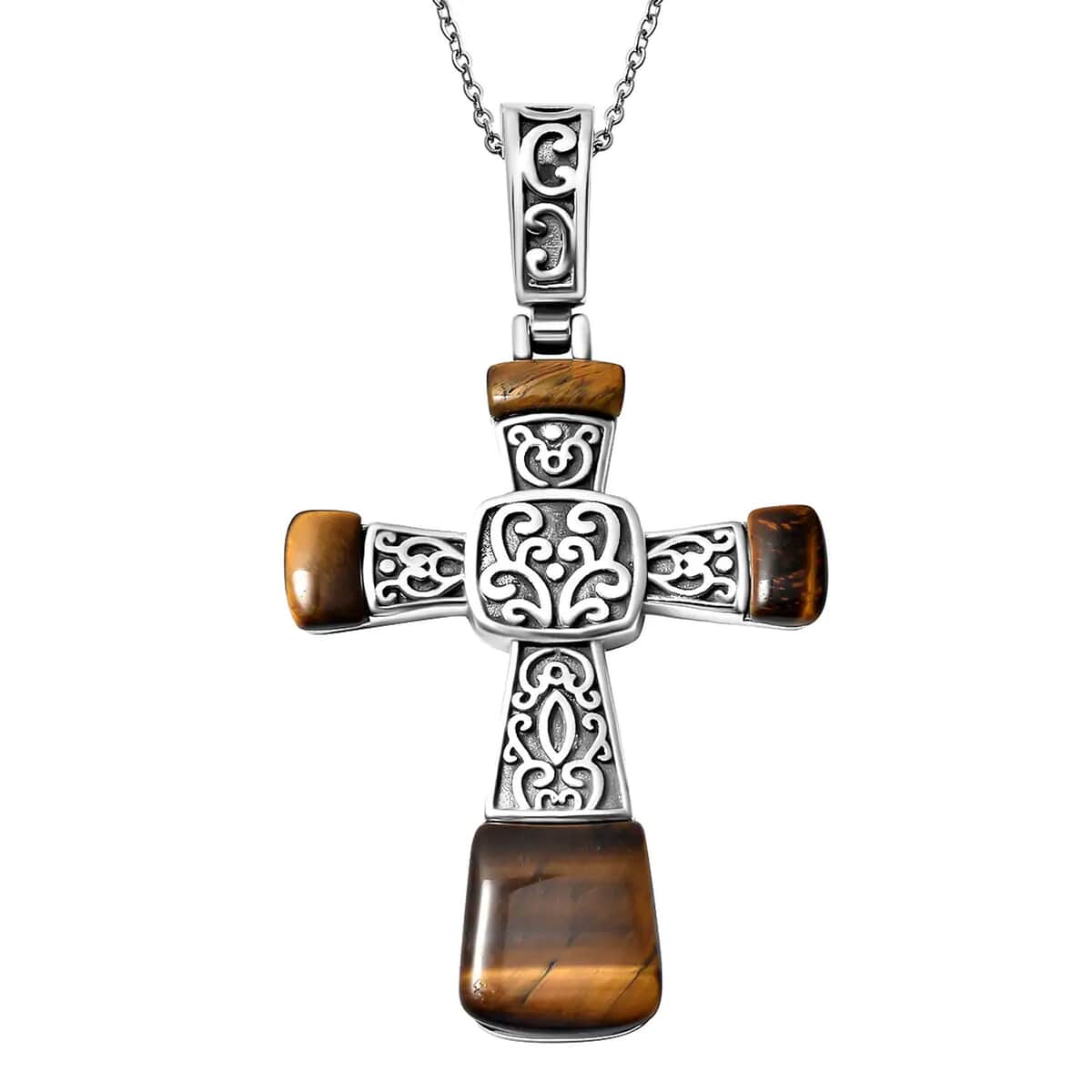 Yellow Tiger's Eye Inlay Cross Pendant Necklace 20 Inches in Stainless Steel 12.10 ctw image number 0