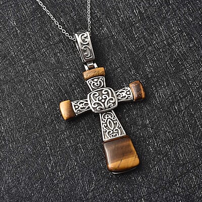 Yellow Tiger's Eye Inlay Cross Pendant Necklace 20 Inches in Stainless Steel 12.10 ctw