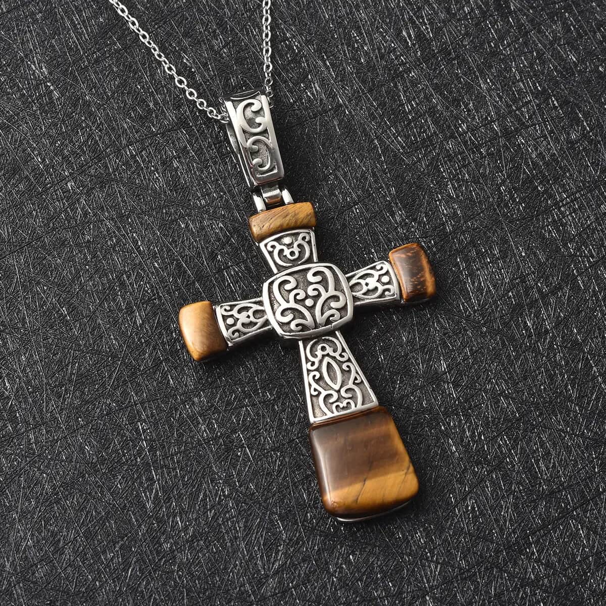 Yellow Tiger's Eye Inlay Cross Pendant Necklace 20 Inches in Stainless Steel 12.10 ctw image number 1