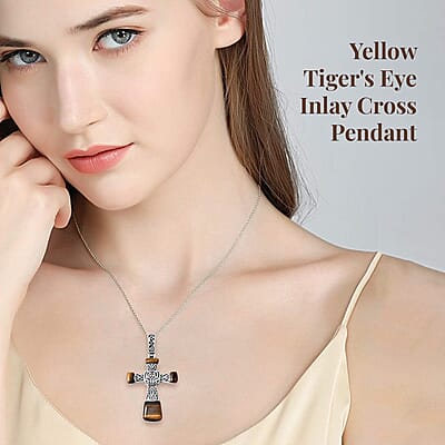 Yellow Tiger's Eye Inlay Cross Pendant Necklace 20 Inches in Stainless Steel 12.10 ctw