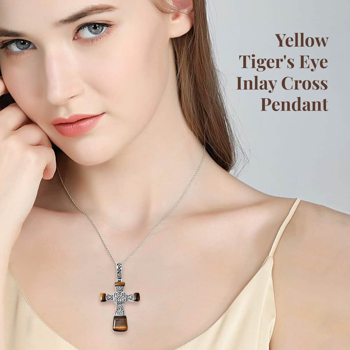 Yellow Tiger's Eye Inlay Cross Pendant Necklace 20 Inches in Stainless Steel 12.10 ctw image number 2