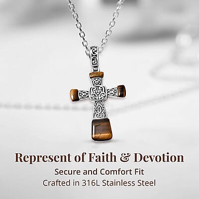 Yellow Tiger's Eye Inlay Cross Pendant Necklace 20 Inches in Stainless Steel 12.10 ctw